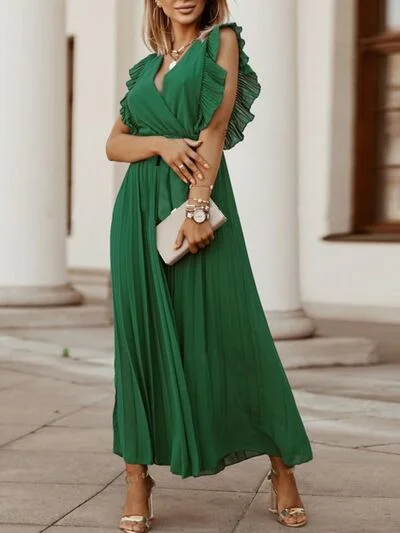 Tied Surplice Cap Sleeve Pleated Dress One-shoulder unclassified dresses