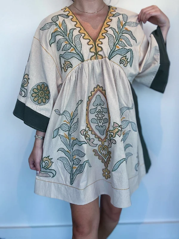 Be Free Embroidered Dress- Sage Earthy tone unclassified dresses