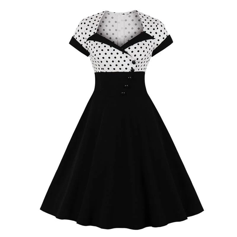 White and Black Two Tone Button Front Wrap Polka Dot High Waist A Line Vintage Retro Swing Dress Wrap unclassified dresses