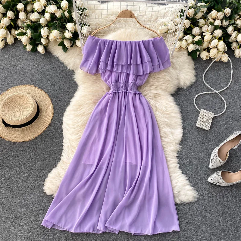 Women Solid Color Casual Chiffon Dress Elegant Double Ruffle Sexy Off Shoulder Dress Summer Clothes Sundress Anniversary unclassified dresses