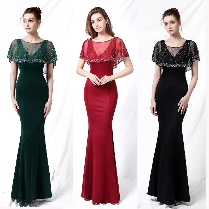 Deep V Neck Sleeveless Women Evening Dress With Hot Drilling Cape Mermaid Elegant Tafftal Robe De Soriee Vestidoes Neutral tone unclassified dresses