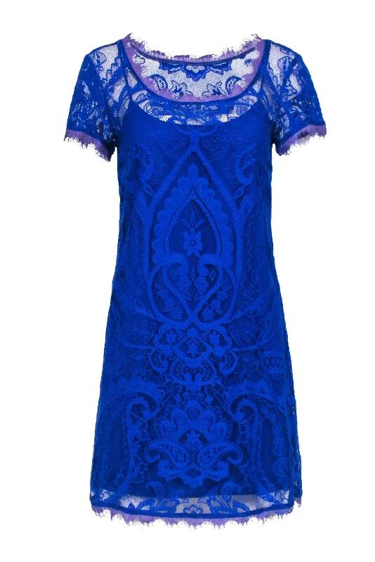 Nicole Miller - Cobalt Blue Cap Sleeve Lace Dress Sz S Lace Evening Dress