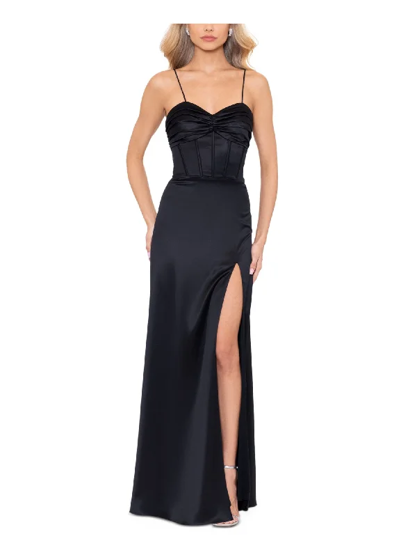 BLONDIE NITES Womens Black Pleated Zippered Boning Padded Open Lace Up Back Spaghetti Strap Sweetheart Neckline Full-Length Formal A-Line Dress Lace Dress Style