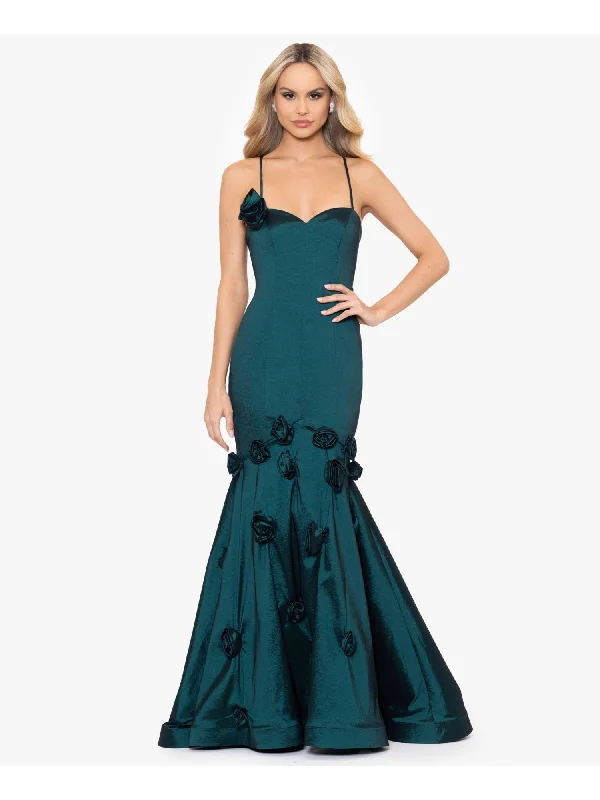 BLONDIE NITES Womens Green Lined Zippered Roset Accents Lace Up Back Spaghetti Strap Sweetheart Neckline Full-Length Formal Fit + Flare Dress Elegant Lace Design