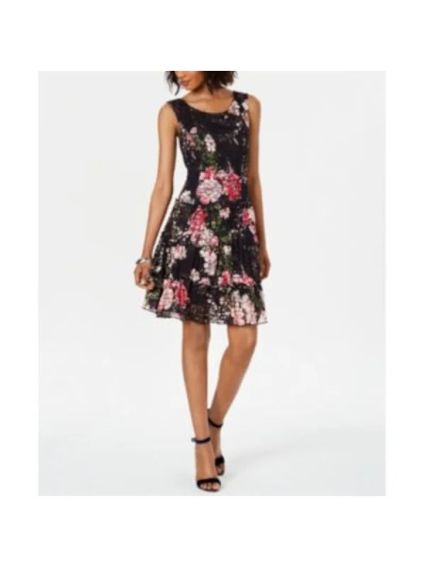 CONNECTED APPAREL Womens Black Lace Floral Sleeveless Jewel Neck Above The Knee Party Fit + Flare Dress Lace Dress Chic