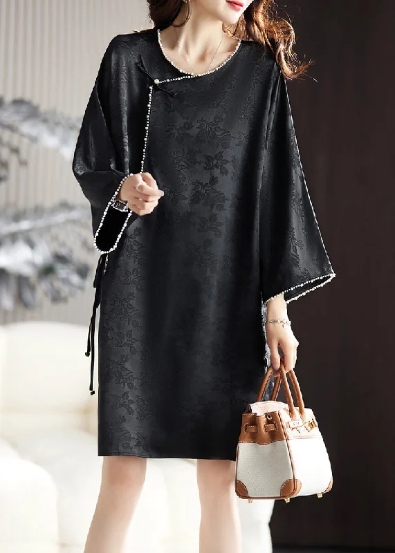 Jacquard Black Nail Bead Lace Up Silk Mid Dress Spring Floral Lace Dress