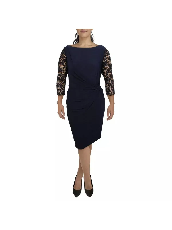 JESSICA HOWARD Womens Navy Twist Front Zippered Sequin Lace 3/4 Sleeves Lined Boat Neck Knee Length Wear To Work Sheath Dress Layered Lace Dress