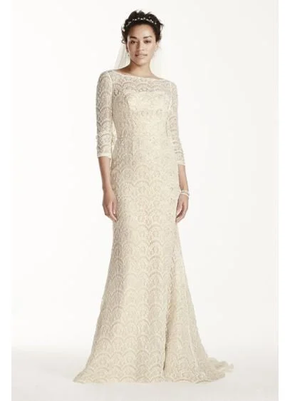 Oleg Cassini Beaded Lace 3/4 Sleeved Wedding Dress Lace Midi Dress