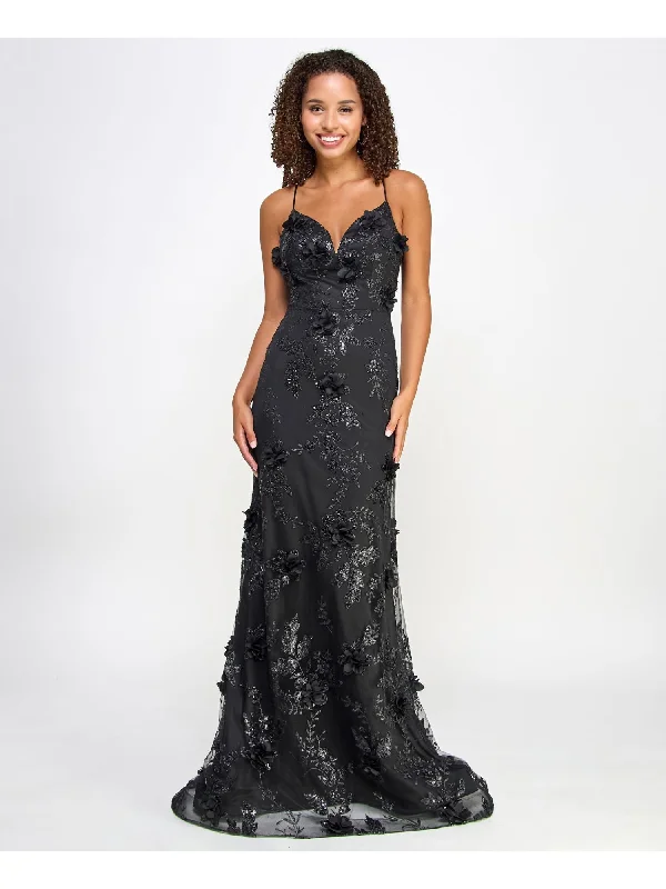 SAY YES TO THE PROM Womens Black Sequined Zippered Floral Accent Glitter Lace Up Op Spaghetti Strap V Neck Full-Length Formal Gown Dress Lace Shift Dress