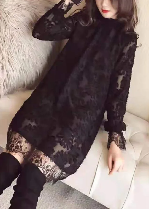 Sexy Black Ruffled Hollow Out Lace Mid Dress Spring Romantic Lace Dress