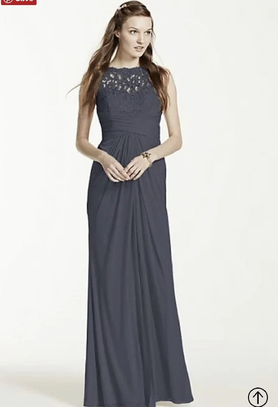 David's Bridal Sleeveless Long Mesh Dress with Corded Lace F15749 Lace Bridesmaid Gown