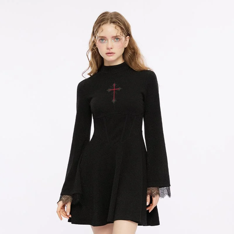 Women's Gothic Cross Embroidered Lace Splice Dress Lace Party Dress