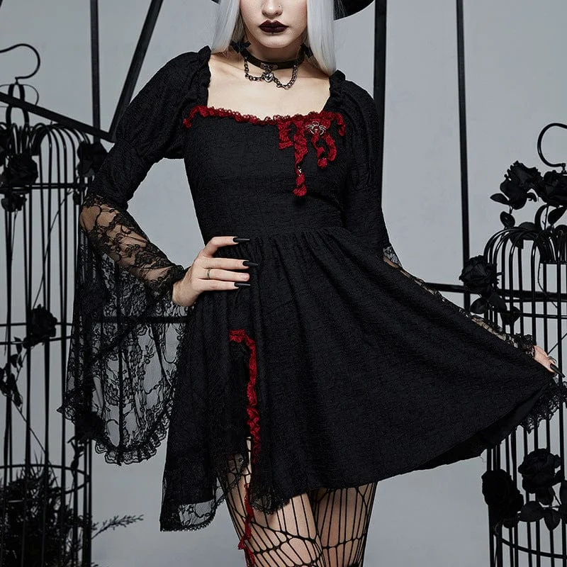 Women's Gothic Flared Sleeved Lace Splice Dress Lace Dress Lace