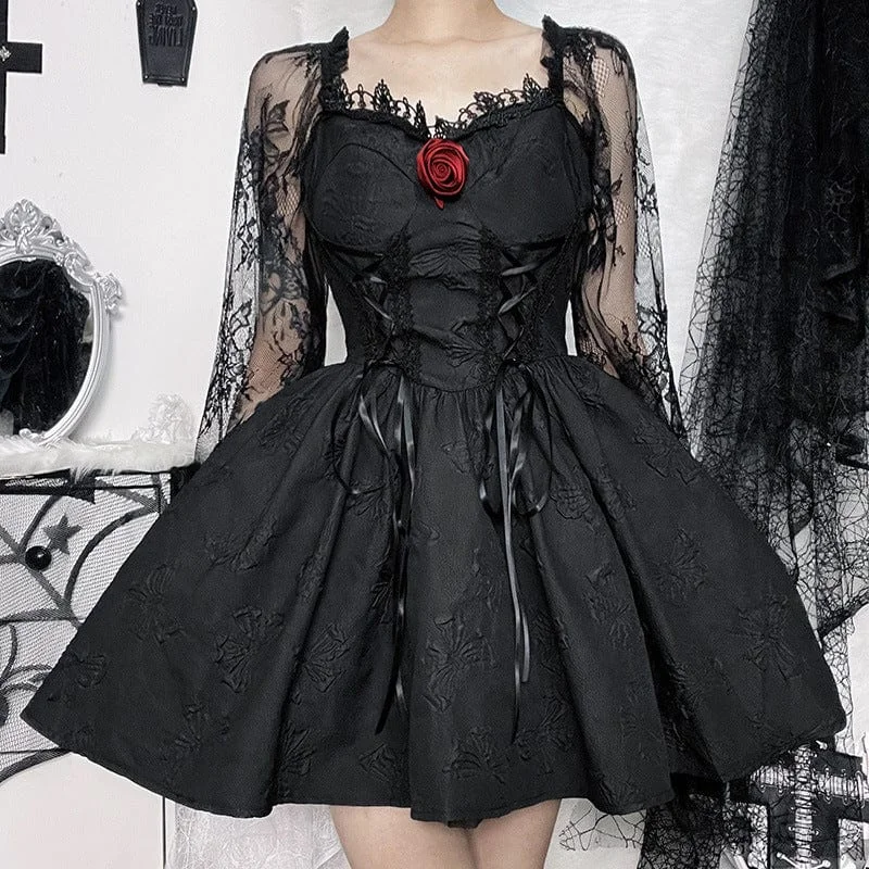 Women's Gothic Lace Sleeved Rose Draped Dress Lace Dress Dreamy