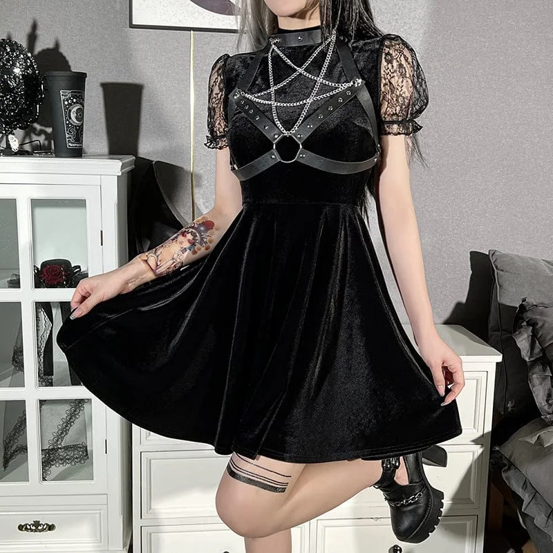 Women's Gothic Lace Sleeved Velet Dress with Pentagram Harness Lace Dress Perfect