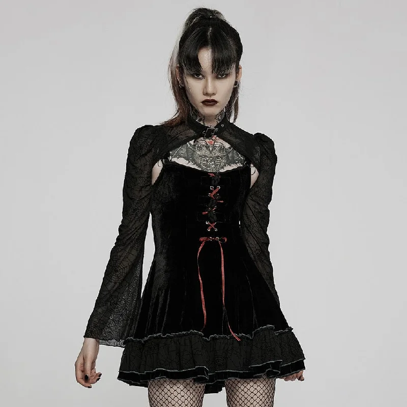 Women's Gothic Lacing-up Velet Slip Dress with Lace Cape Lace Mini Dress