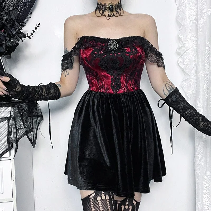 Women's Gothic Off Shoulder Lace Velvet Dress Elegant Lace Gown