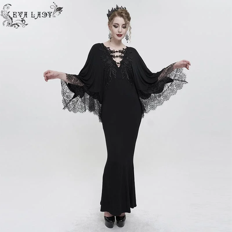 Women's Gothic Plunging Floral Embroidered Lace Splice Dress Long Sleeve Lace Dress