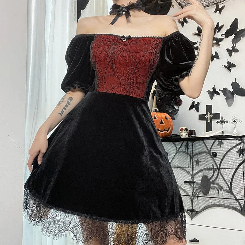 Women's Gothic Puff Sleeved Lace Hem Velvet Dress Tiered Lace Dress