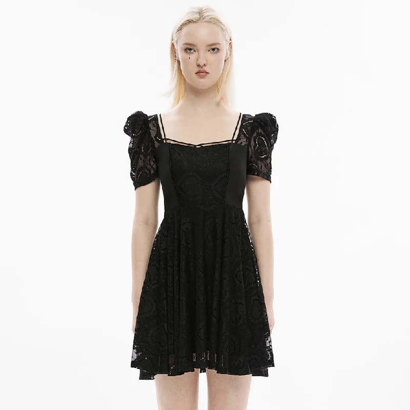 Women's Gothic Puff Sleeved Lace Splice Dress Lace Dress Sparkly