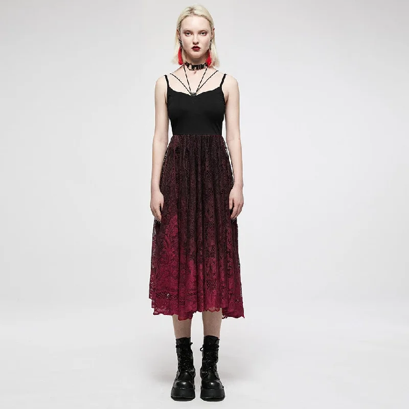 Women's Gothic Red Gradient Floral Lace Slip Dress Ruffled Lace Dress