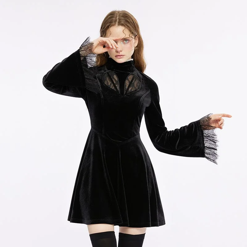 Women's Gothic Stand Collar Lace Splice Velvet Dress Lace Dress Deep V