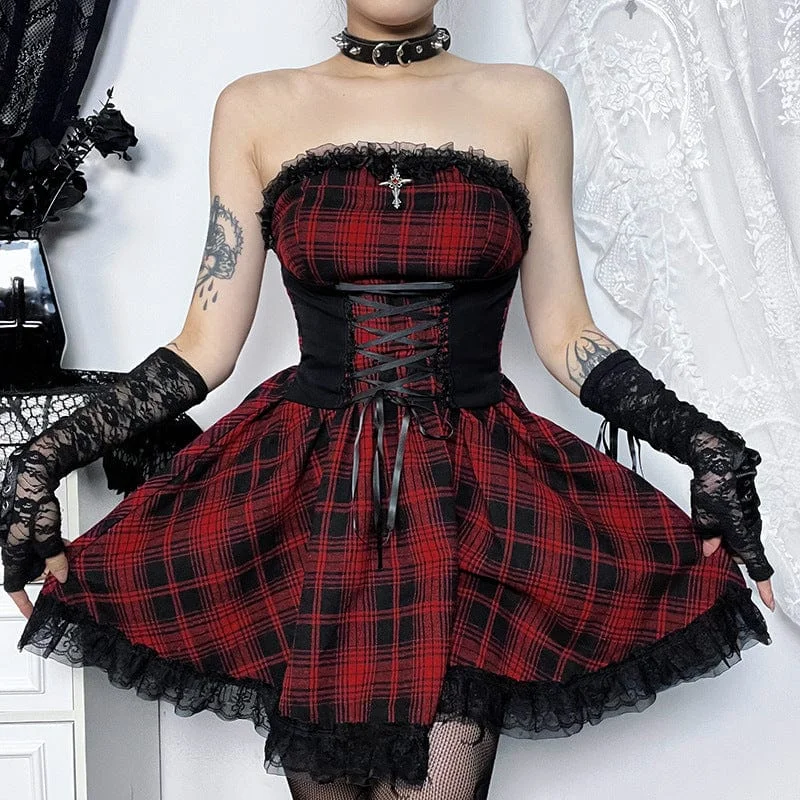 Women's Grunge Off-Shoulder Lace Splice Plaid Dress Lace Dress Glow