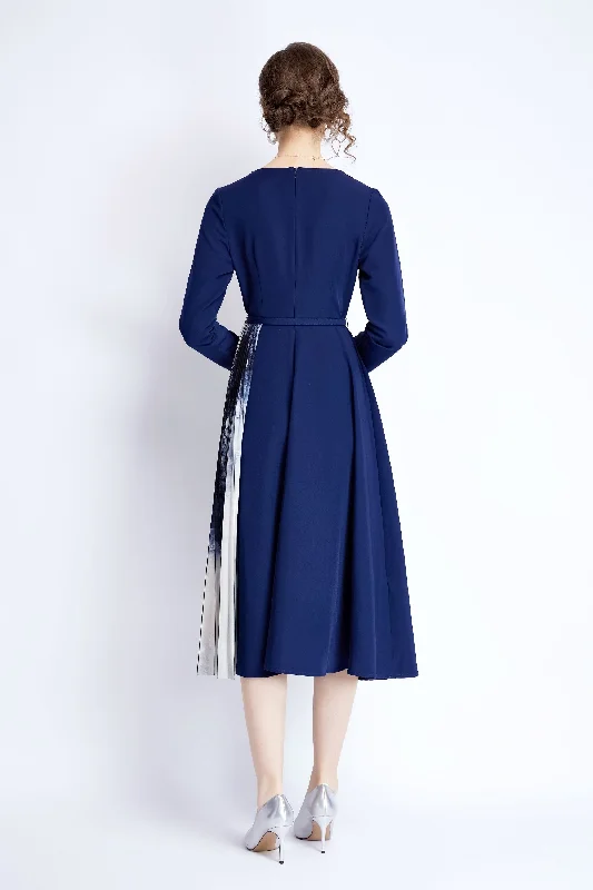 Blue Office A-line V-neck Long Sleeve Below Knee Dress Cozy Maxi Dress