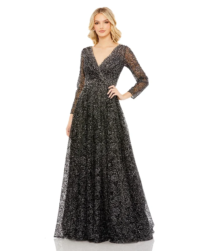 Embellished Illusion Long Sleeve V Neck Gown Velvet Maxi Skirt