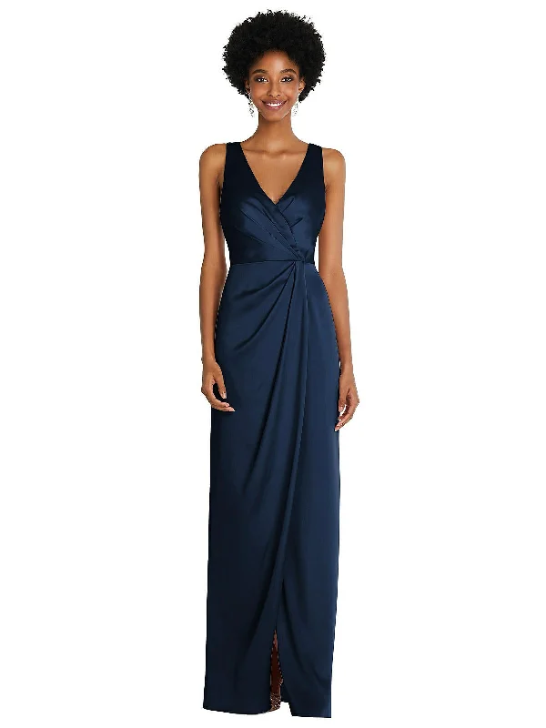 Faux Wrap Whisper Satin Maxi Dress with Draped Tulip Skirt Layered Maxi Skirt