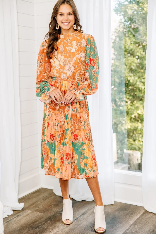 Fall In Love Rust Orange Floral Midi Dress Front Button Midi