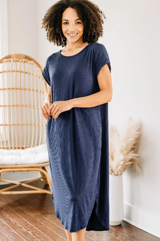 It's All Here Navy Blue Ribbed Midi Dress Wool Midi Skirt