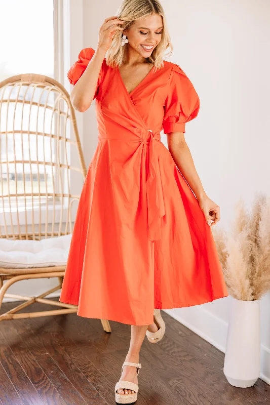 I've Got A Feeling Orange Puff Sleeve Midi Dress Casual Midi Outfit