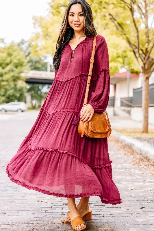 Moving On Wine Red Tired Midi Dress Cozy Midi Skirt