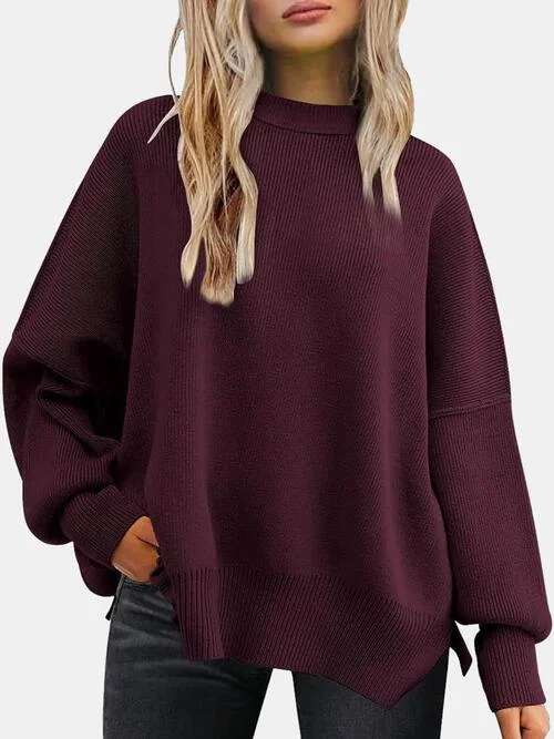 Round Neck Drop Shoulder Slit Sweater Knit Sweater Gown