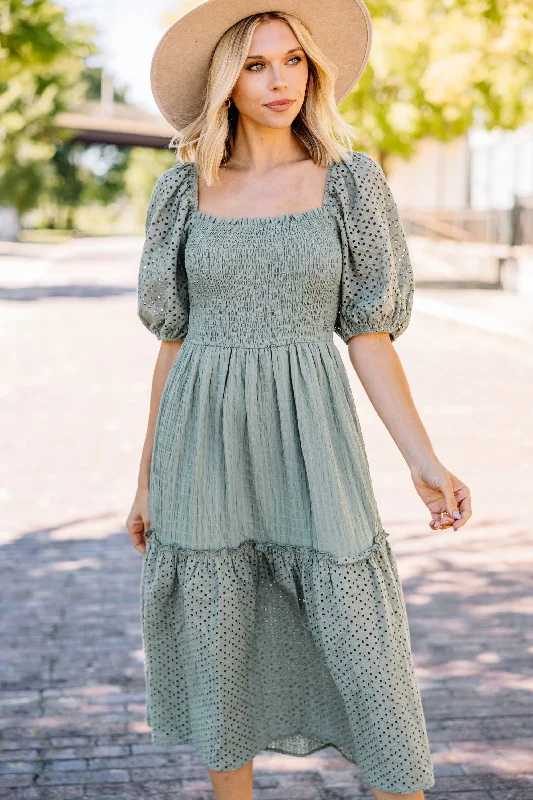 Want It All Sage Green Eyelet Midi Dress Summer Midi Skirt