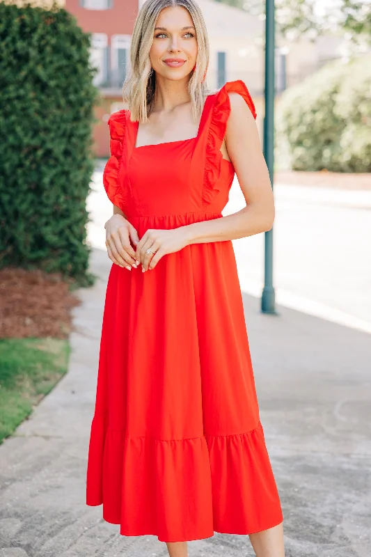 What You're Looking For Coral Red Ruffled Midi Dress Formal Midi Skirt