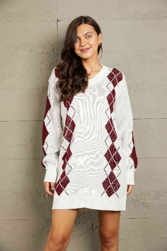 Woven Right Argyle V-Neck Ribbed Trim Sweater Dress Loose Sweater Dress