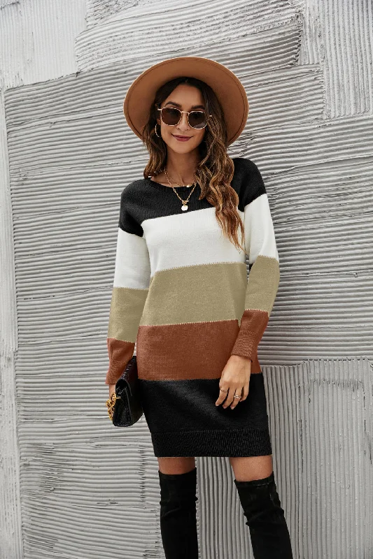 Woven Right Striped Sweater Dress Fitted Knit Sweater