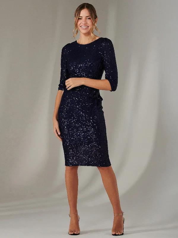 3/4 Sleeve Sequin Stretch Shift Dress, Navy Black Sequin Dress