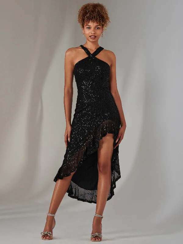 Cross Neck Side Ruffle Sequin Dress, Black Sequin Gown Chic