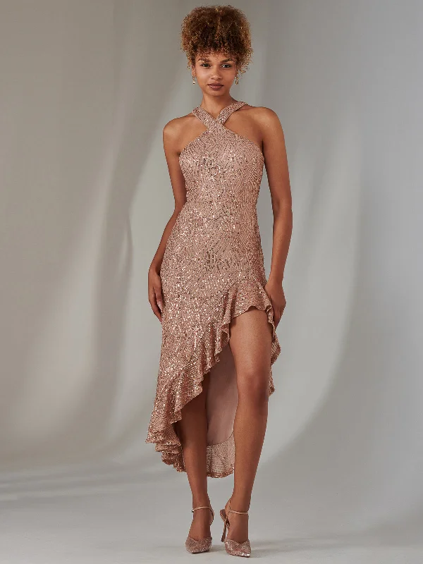 Cross Neck Side Ruffle Sequin Dress, Bronze Vintage Sequin Dress