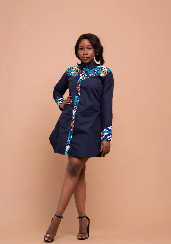 Dakota Button Down Shirt Dress | Navy Blue and  Ankara African Print Dress Shirt Chic