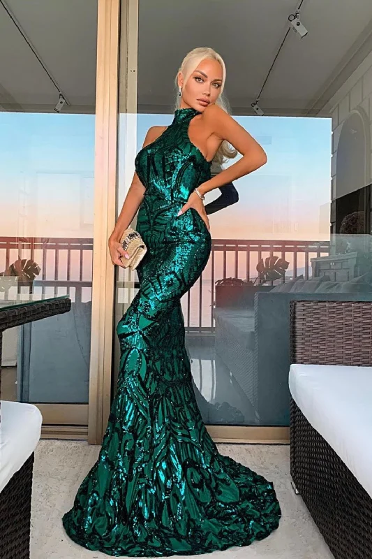 Envy Emerald Green Vip Luxe Illusion Sequin Embellished Fishtail Dress Chic Sequin Dress