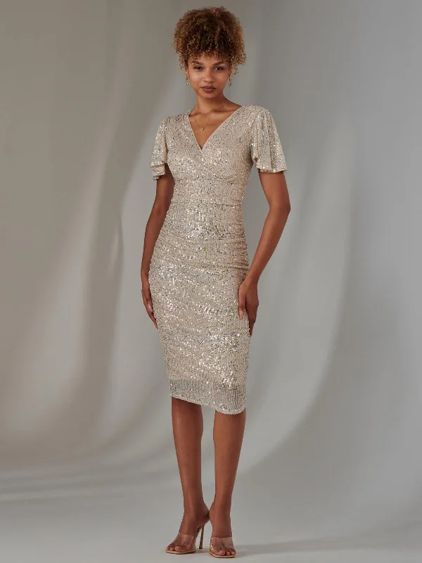 Flare Sleeve Ruched Sequin Dress, Beige Silver Sequin Dress Shine