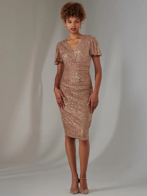 Flare Sleeve Ruched Sequin Dress, Bronze Black Sequin Gown