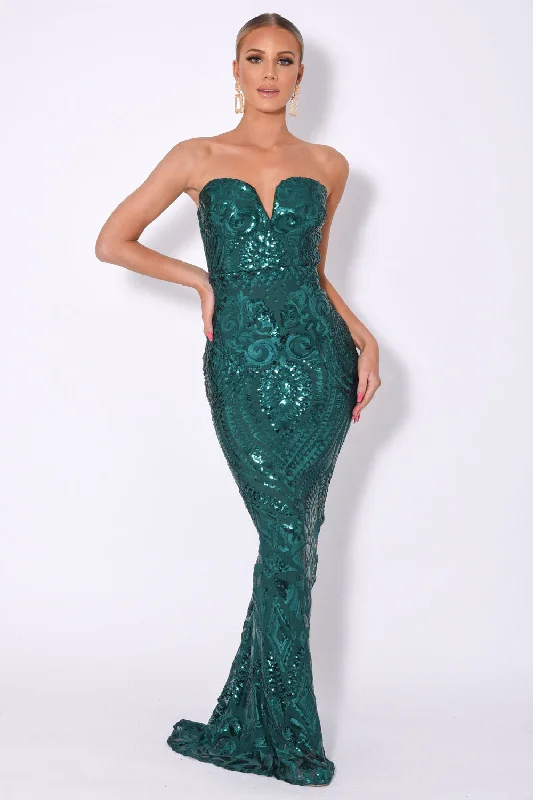 Kenza Green Luxe Sweetheart Plunge Sequin Embellished Fishtail Dress Ruched Sequin Dress