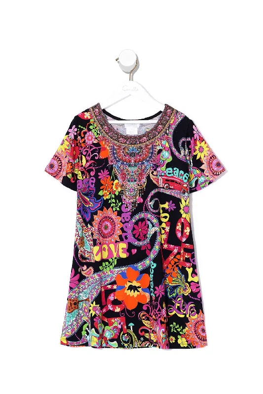 KIDS TSHIRT DRESS WITH FLARE HEM PEACE LOVE AND HAIR Printed Shirt Dress