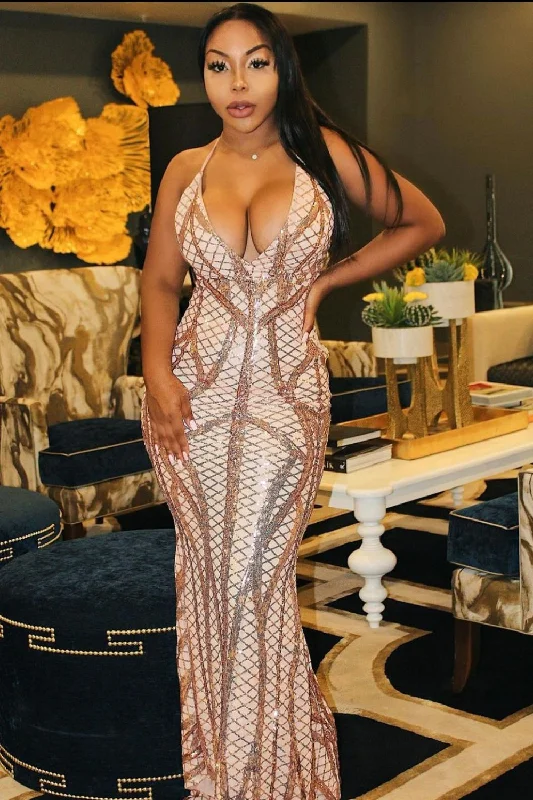 Last Dance Rose Gold Plunge Cage Sequin Bandage Illusion Fishtail Dress Modern Sequin Dress