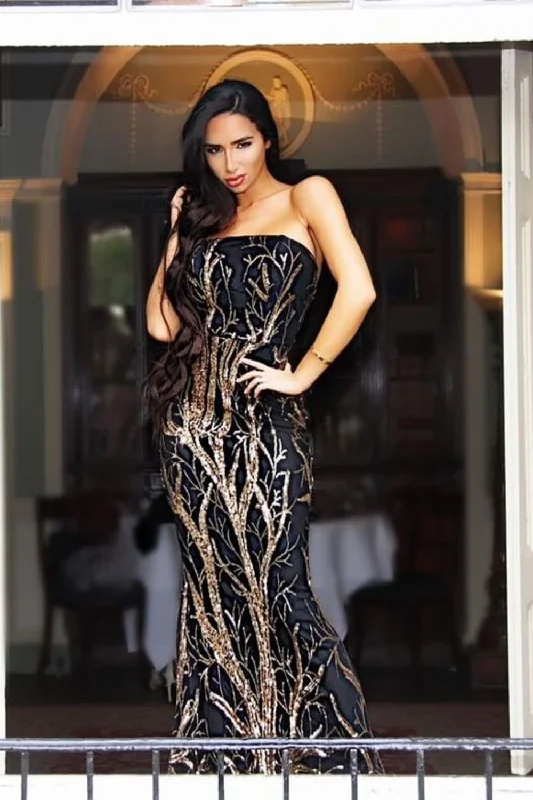 Love Spell Black Rose Gold Sweetheart Brocade Sequin Fishtail Dress Sequin Maxi Dress